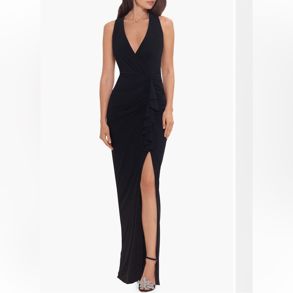 Betsy & Adam Ruched Ruffle Column Gown NWT